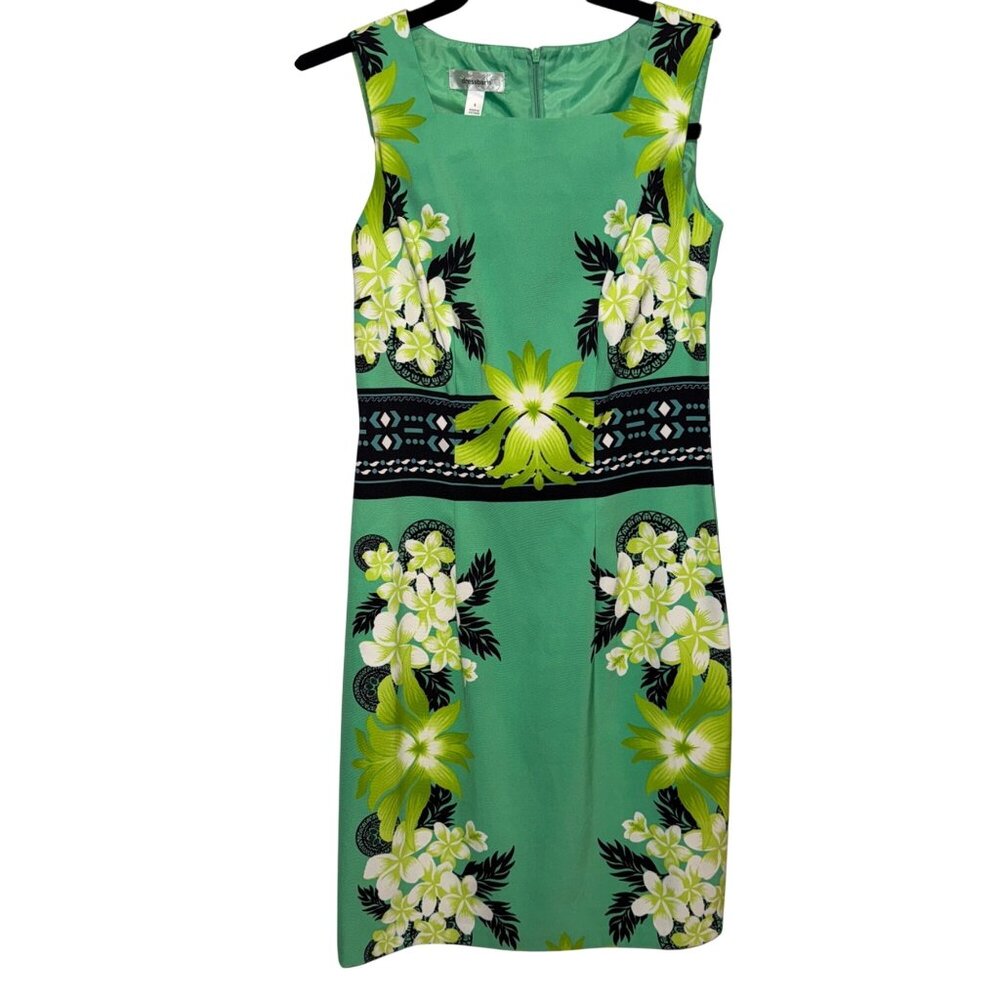 Tropical Floral Print Sleeveless Sheath Dress By Dressbarn Size 4 Green & Yellow